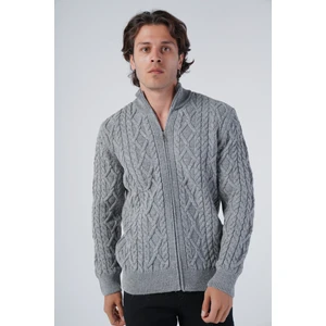 Trist Star Erkek Gri Arka Fitilli Dik Yaka Fermuarlı Triko Yün Hırka TRIST-5299