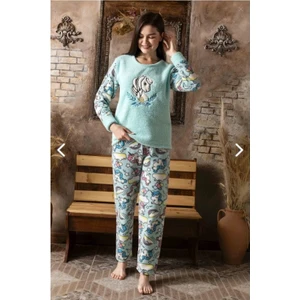 Kadın Desenli Bisiklet Yaka Kol Bilek Manşet Lastikli Uzun Kol Kışlık Welsoft Pijama Takımı