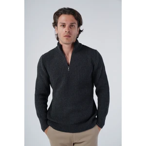 Trist Star Erkek Antrasit Zikzak Yürütmeli Dik Yaka Kısa Fermuarlı Triko Yün Kazak TRIST-5301