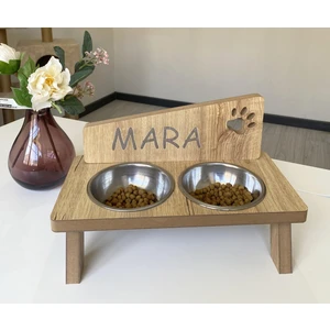 Ahşap Kedi Mama Kabı Standı Özel Isim Baskılı Kedi Köpek Su Kabı NR-0093