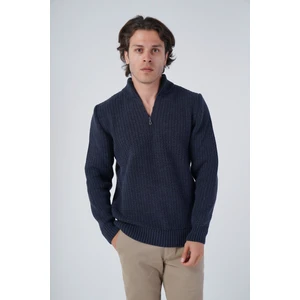 Trist Star Erkek Lacivert Zikzak Yürütmeli Dik Yaka Kısa Fermuarlı Triko Yün Kazak TRIST-5301