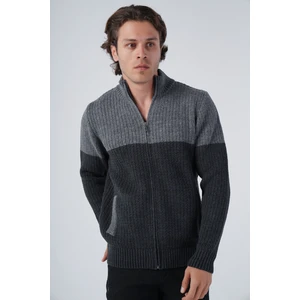 Trist Star Erkek Antrasit Zikzak Yürütmeli Çift Renkli Dik Yaka Fermuarlı Cepli Triko Yün Hırka TRIST-5302