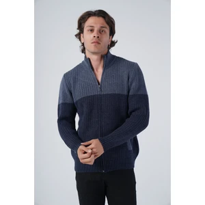 Trist Star Erkek Lacivert Zikzak Yürütmeli Çift Renkli Dik Yaka Fermuarlı Cepli Triko Yün Hırka TRIST-5302