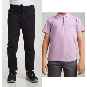 Unisex Çocuk Ribana Bel Keten Lacivert Okul Pantolonu + Polo Yaka Kısa Kol T-Shirt