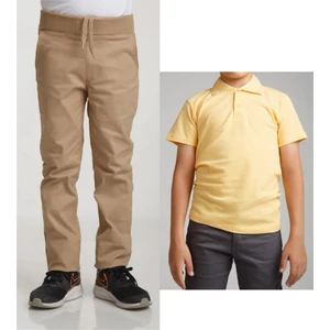 Unisex Çocuk Ribana Bel Keten Bej Okul Pantolonu + Polo Yaka Kısa Kol T-Shirt