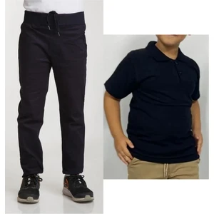 Unisex Çocuk Ribana Bel Keten Lacivert Okul Pantolonu + Polo Yaka Kısa Kol T-Shirt