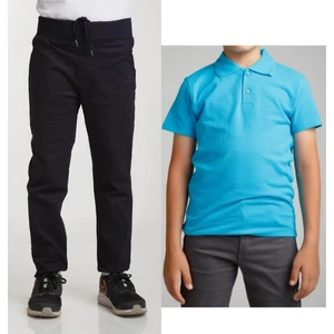 Unisex Çocuk Ribana Bel Keten Lacivert Okul Pantolonu + Polo Yaka Kısa Kol T-Shirt