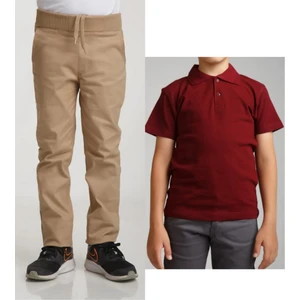 Unisex Çocuk Ribana Bel Keten Bej Okul Pantolonu + Polo Yaka Kısa Kol T-Shirt