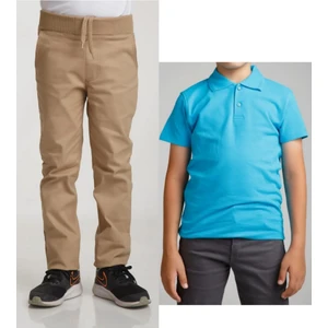 Unisex Çocuk Ribana Bel Keten Bej Okul Pantolonu + Polo Yaka Kısa Kol T-Shirt