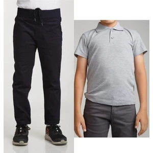 Unisex Çocuk Ribana Bel Keten Lacivert Okul Pantolonu + Polo Yaka Kısa Kol T-Shirt