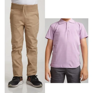 Unisex Çocuk Ribana Bel Keten Bej Okul Pantolonu + Polo Yaka Kısa Kol T-Shirt