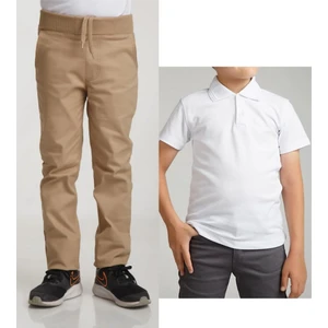 Unisex Çocuk Ribana Bel Keten Bej Okul Pantolonu + Polo Yaka Kısa Kol T-Shirt