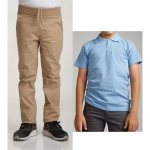Unisex Çocuk Ribana Bel Keten Bej Okul Pantolonu + Polo Yaka Kısa Kol T-Shirt