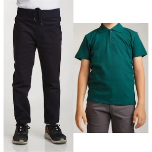 Unisex Çocuk Ribana Bel Keten Lacivert Okul Pantolonu + Polo Yaka Kısa Kol T-Shirt