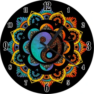 Yin Yang ve Çiçekler Desenli Duvar Saati