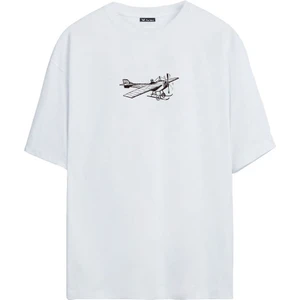 The Wert Antika Uçak Baskılı Beyaz Oversize Tshirt
