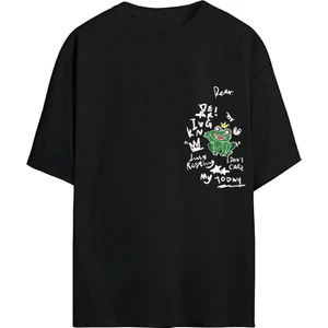 The Wert Kral Kurbağa Baskılı Siyah Oversize Tshirt