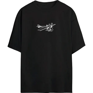 The Wert Antika Uçak Baskılı Siyah Oversize Tshirt