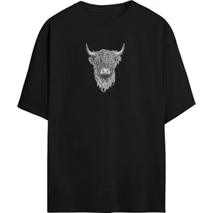 The Wert Iskoç Sığır Baskılı Siyah Oversize Tshirt