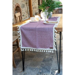 Pamuk Düz Dört Kenarı Püsküllü Runner, Masa Örtüsü 45X150 cm Bordo