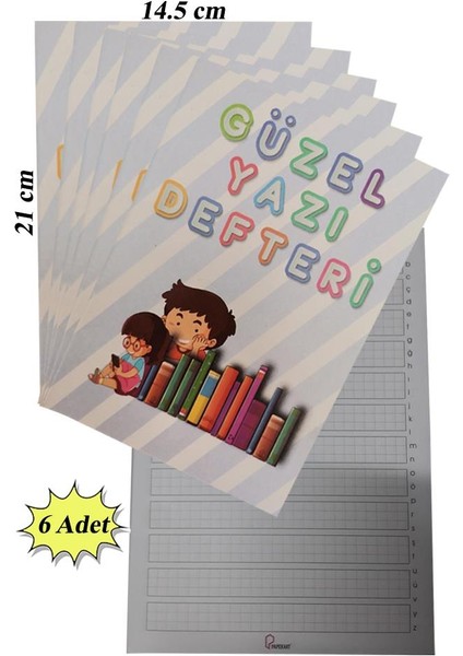 Güzel Yazı Defteri Küçük Boy 14,5X21 cm 24 Yaprak 6 Adet Klavuzlu Standart Çizgili Yazı Defteri Dik Temel Harflerle 1. Sınıf