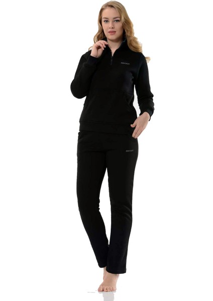 Kadın Kanguru Cepli Yarım Balıkçı Yaka 3 Iplik Şardonlu Siyah Eşofman Takım 17907S