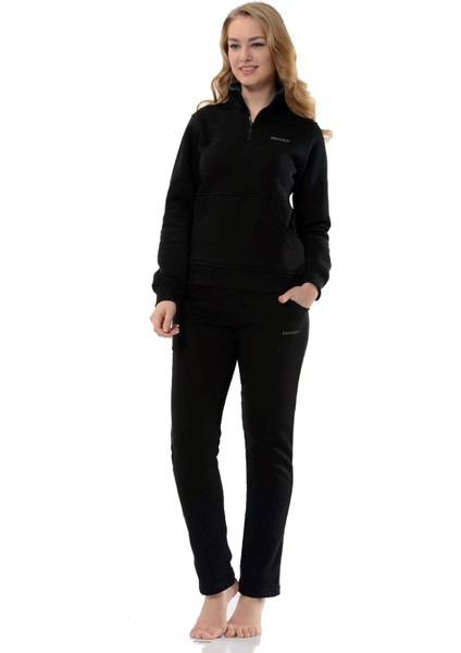 Kadın Kanguru Cepli Yarım Balıkçı Yaka 3 Iplik Şardonlu Siyah Eşofman Takım 17907S fiyatları