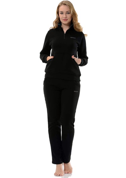 Kadın Kanguru Cepli Yarım Balıkçı Yaka 3 Iplik Şardonlu Siyah Eşofman Takım 17907S modelleri