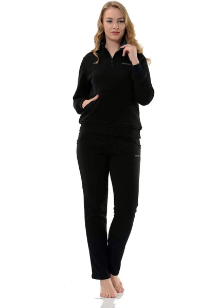 Kadın Kanguru Cepli Yarım Balıkçı Yaka 3 Iplik Şardonlu Siyah Eşofman Takım 17907S fırsatları