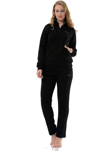 Kadın Kanguru Cepli Yarım Balıkçı Yaka 3 Iplik Şardonlu Siyah Eşofman Takım 17907S indirimleri