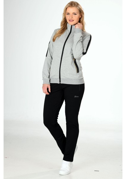 Gri Melanj/siyah Kadın Yarım Balıkçı Yaka Fermuarlı Eşofman Takım 201801