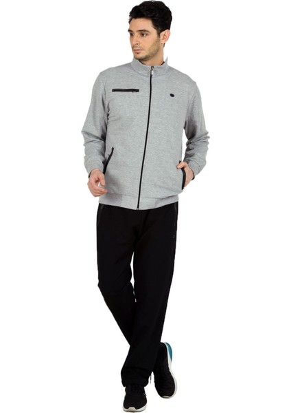 Gri Melanj Erkek Yarım Balıkçı Yaka Boydan Fermuarlı Eşofman Takım EDY19102G