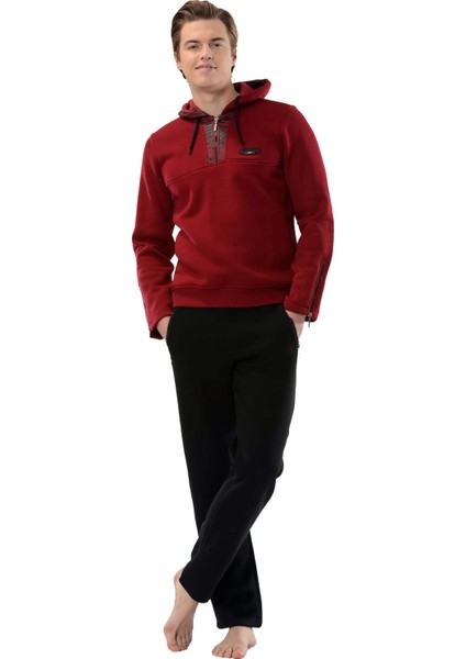 Bordo Erkek 3 Iplik Şardonlu Yakası Fermuarlı Kapşonlu Eşofman Takımı EDY17902B