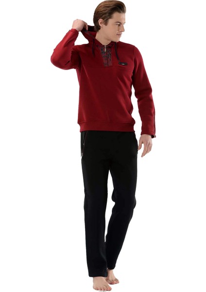 Bordo Erkek 3 Iplik Şardonlu Yakası Fermuarlı Kapşonlu Eşofman Takımı EDY17902B fırsatları