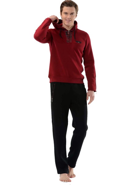 Bordo Erkek 3 Iplik Şardonlu Yakası Fermuarlı Kapşonlu Eşofman Takımı EDY17902B indirimleri