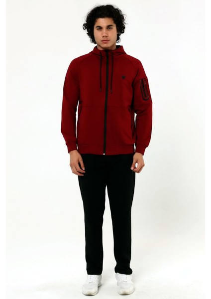Bordo Erkek Cepli Düz Paça Önden Fermuarlı Kapüşonlu Iki Iplik Eşofman Takım EDY201543B