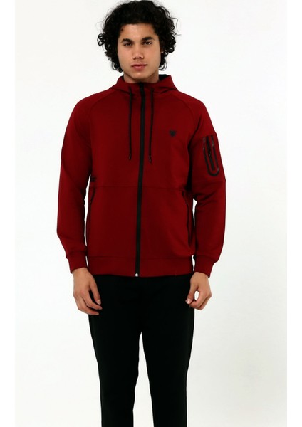 Bordo Erkek Cepli Düz Paça Önden Fermuarlı Kapüşonlu Iki Iplik Eşofman Takım EDY201543B fiyatları