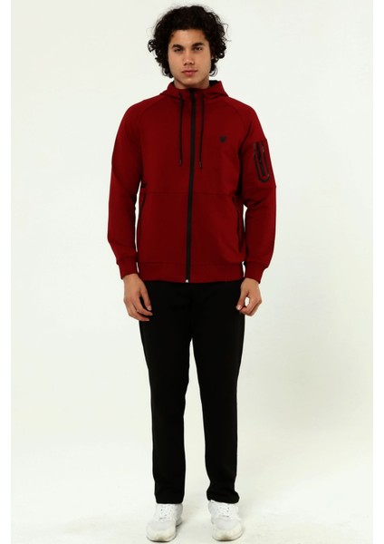 Bordo Erkek Cepli Düz Paça Önden Fermuarlı Kapüşonlu Iki Iplik Eşofman Takım EDY201543B indirimleri