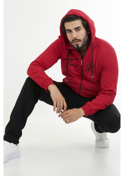 Kırmızı Erkek 3 Iplik Önden Fermuarlı Kapüşonlu Kışlık Eşofman Takımı EDY201504K