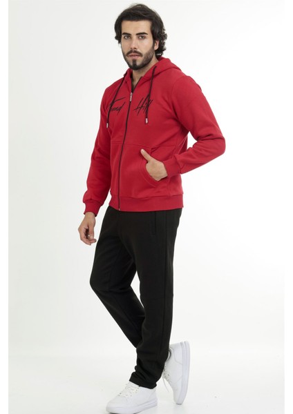 Kırmızı Erkek 3 Iplik Önden Fermuarlı Kapüşonlu Kışlık Eşofman Takımı EDY201504K indirimleri