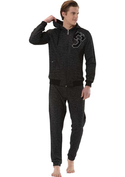 Marco Ferry Kırçıllı Siyah Erkek Kapüşonlu 3 Iplik Şardonlu Eşofman Takımı EDY17616S