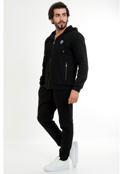 Siyah Erkek Önden Fermuarlı Kapüşonlu 3 Iplik Kışlık Eşofman Takımı EDY201506S fiyatları