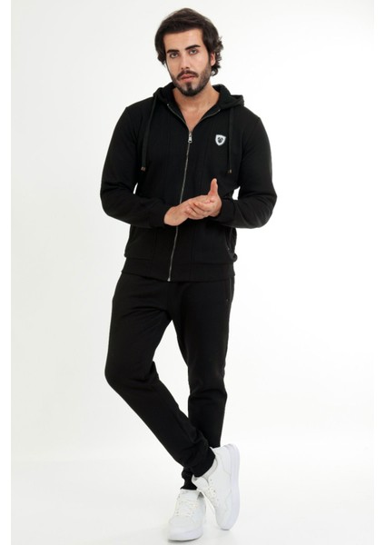 Siyah Erkek Önden Fermuarlı Kapüşonlu 3 Iplik Kışlık Eşofman Takımı EDY201506S modelleri
