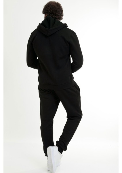 Siyah Erkek Önden Fermuarlı Kapüşonlu 3 Iplik Kışlık Eşofman Takımı EDY201506S fırsatları
