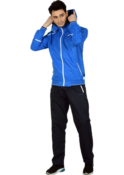 Saks Mavi Erkek Yarım Balıkçı Yaka Tak Çıkar Kapşonlu Marathon Eşofman Takımı EDY2421S