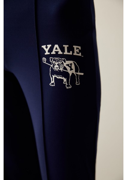 Lacivert Yüksek Bel Yale Logo Baskılı Flare Paça Tayt