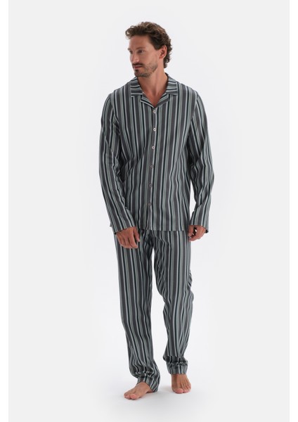 Füme Gömlek Yaka Çizgili Pamuk Modal Pijama Takımı