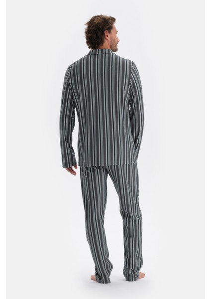 Füme Gömlek Yaka Çizgili Pamuk Modal Pijama Takımı