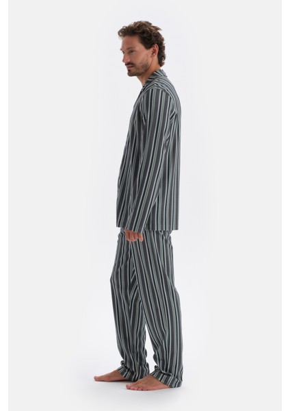 Füme Gömlek Yaka Çizgili Pamuk Modal Pijama Takımı