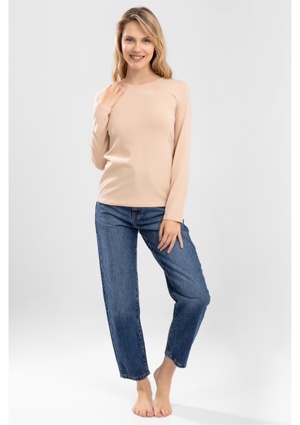 Kadın Pamuklu Bisiklet Yaka Uzun Kollu Penye Basic Body Ten Rengi fiyatları
